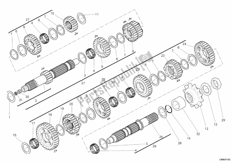 All parts for the Gear Box of the Ducati Hypermotard 1100 EVO USA 2011